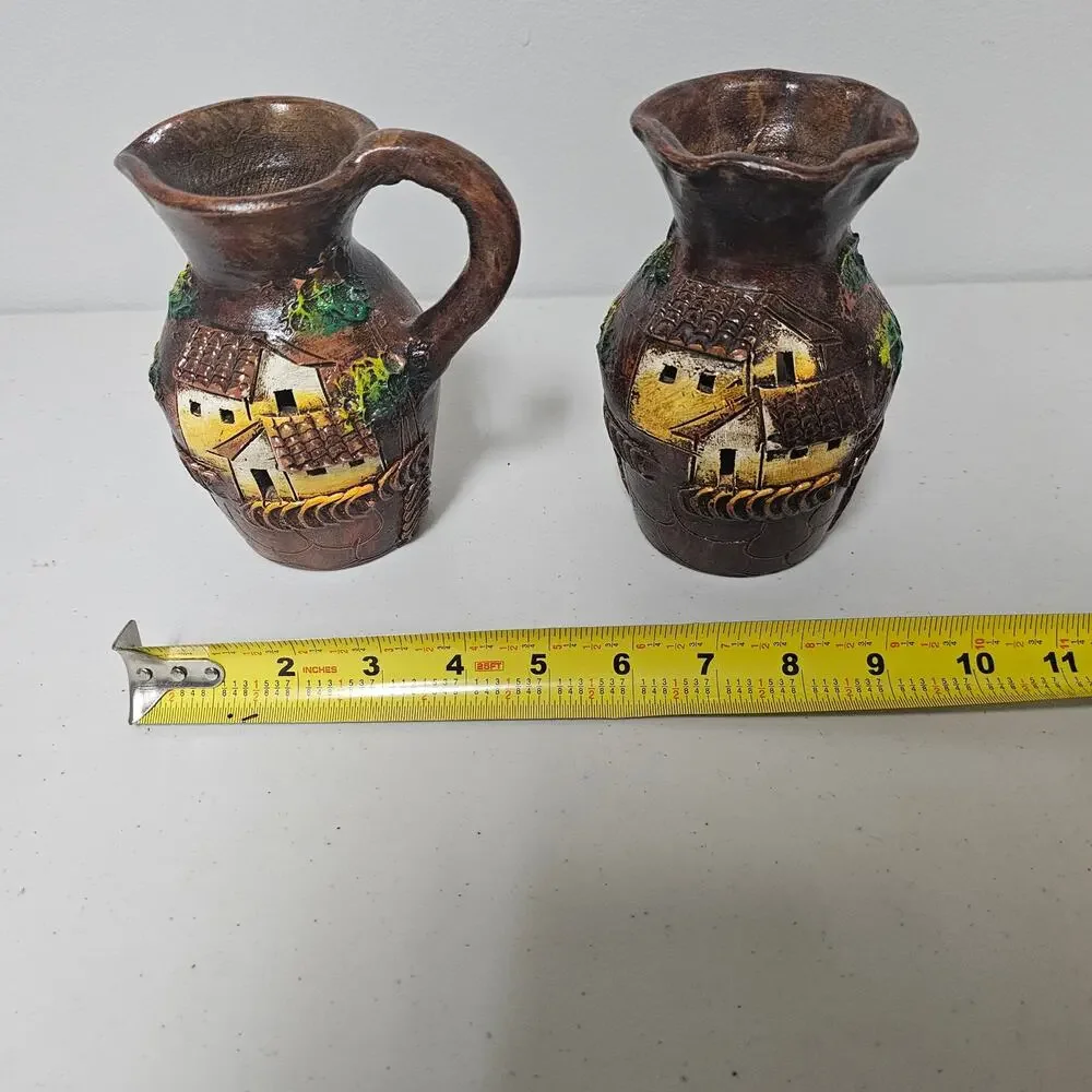 Set of 2 Handcrafted Guatamalan Vases with Three Dimensional Houses